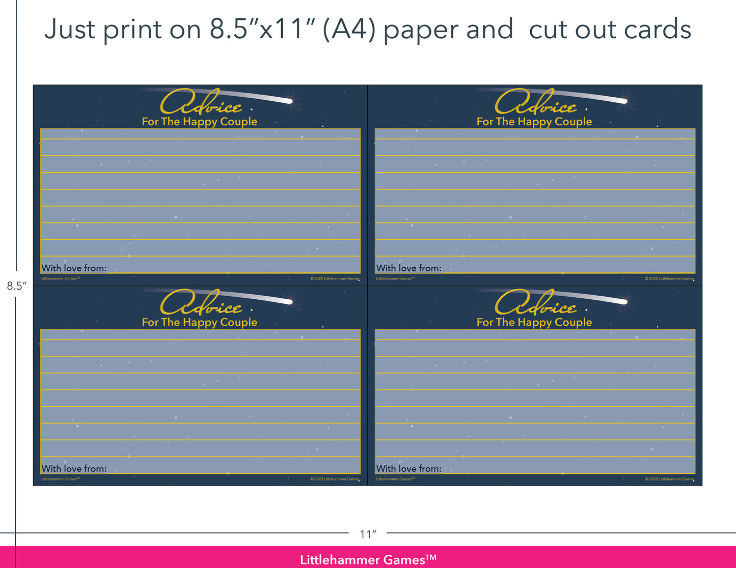 Celestial-themed Advice for the Happy Couple game cards with printing instructions