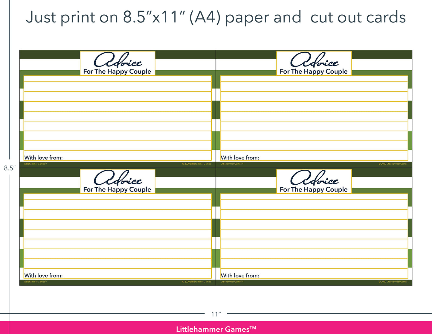 Green-striped Advice for the Happy Couple game cards with printing instructions