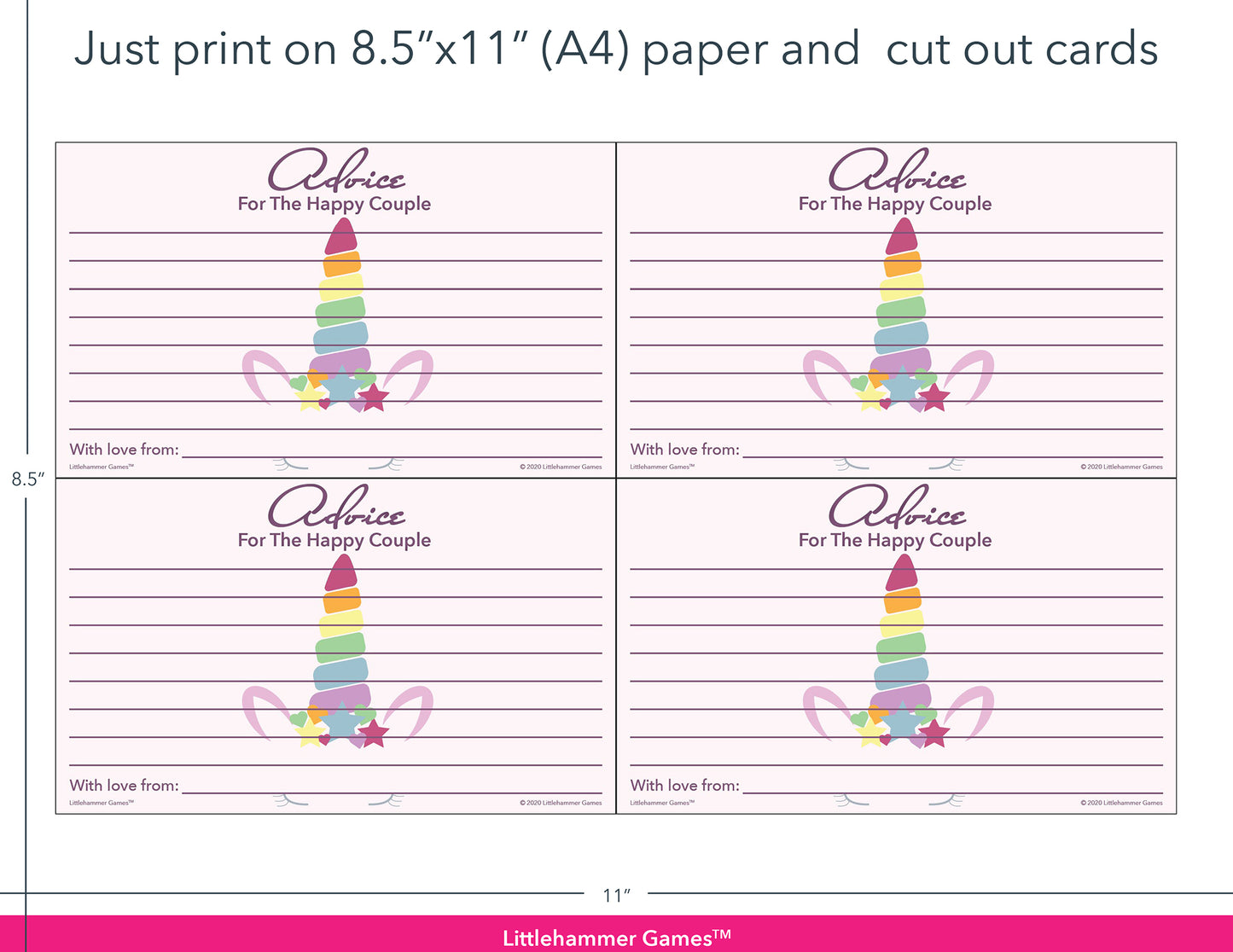 Unicorn-themed Advice for the Happy Couple game cards with printing instructions