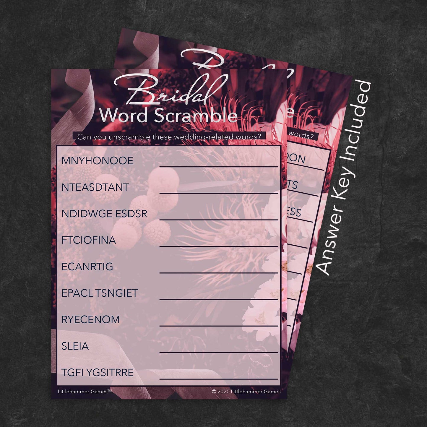 Bridal Word Scramble game card with a floral background with answer card tucked behind it on a slate background with white text that says "Answer Key Included"