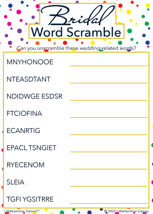 Bridal Word Scramble game card with a rainbow polka dot background