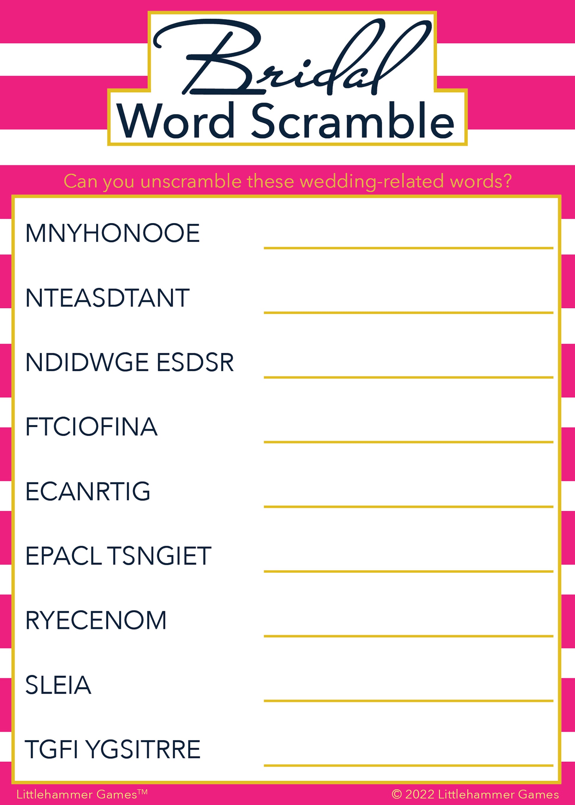 Bridal Word Scramble game card with a pink-striped background