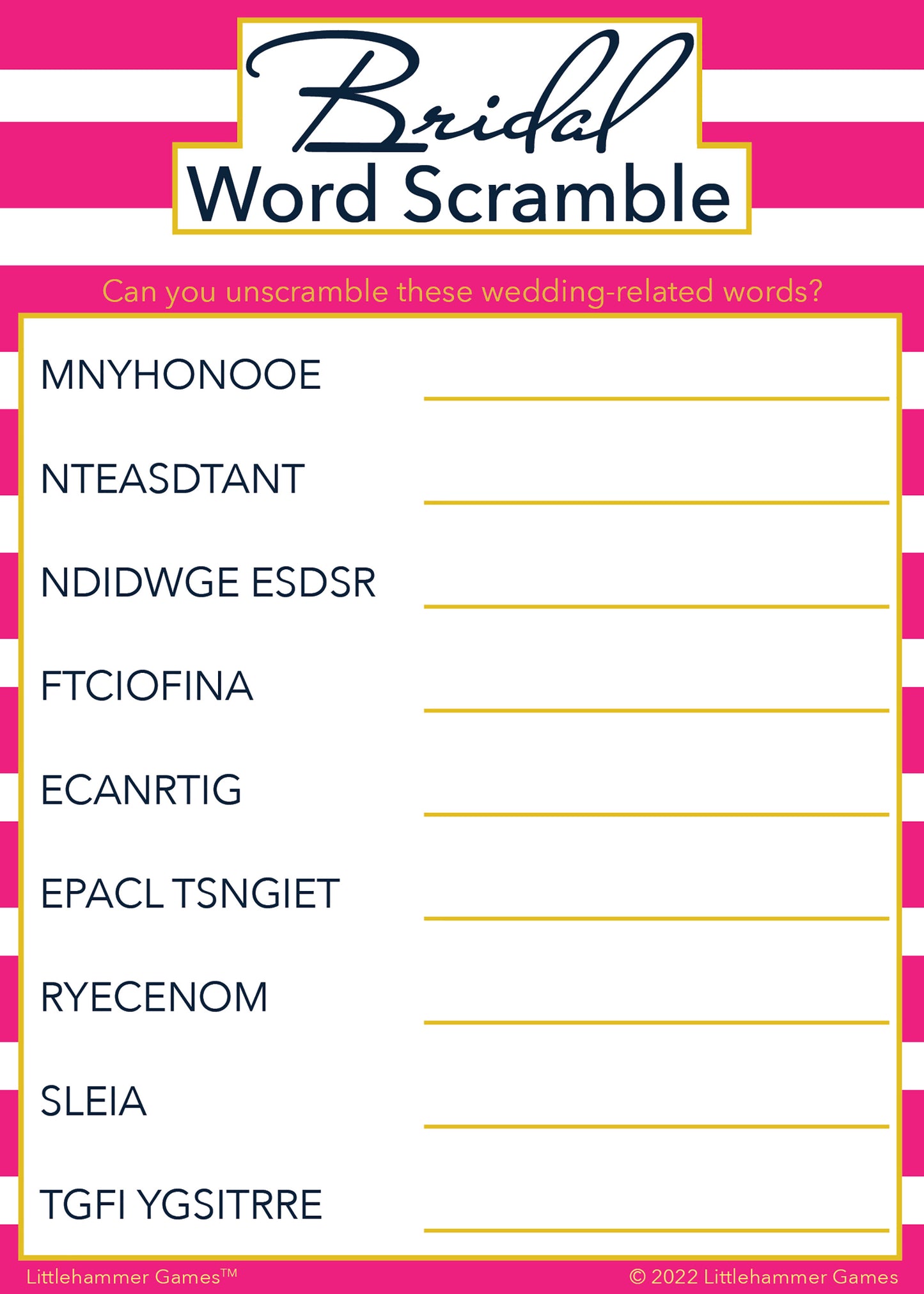 Bridal Word Scramble game card with a pink-striped background