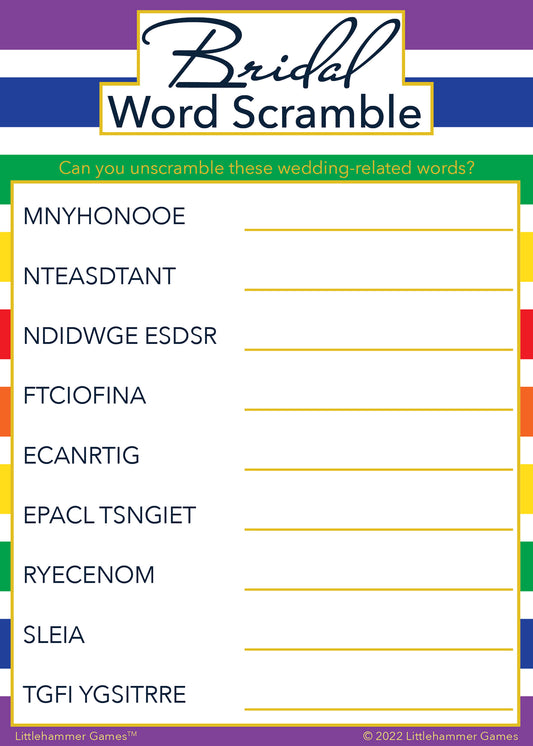Bridal Word Scramble game card with a rainbow-striped background
