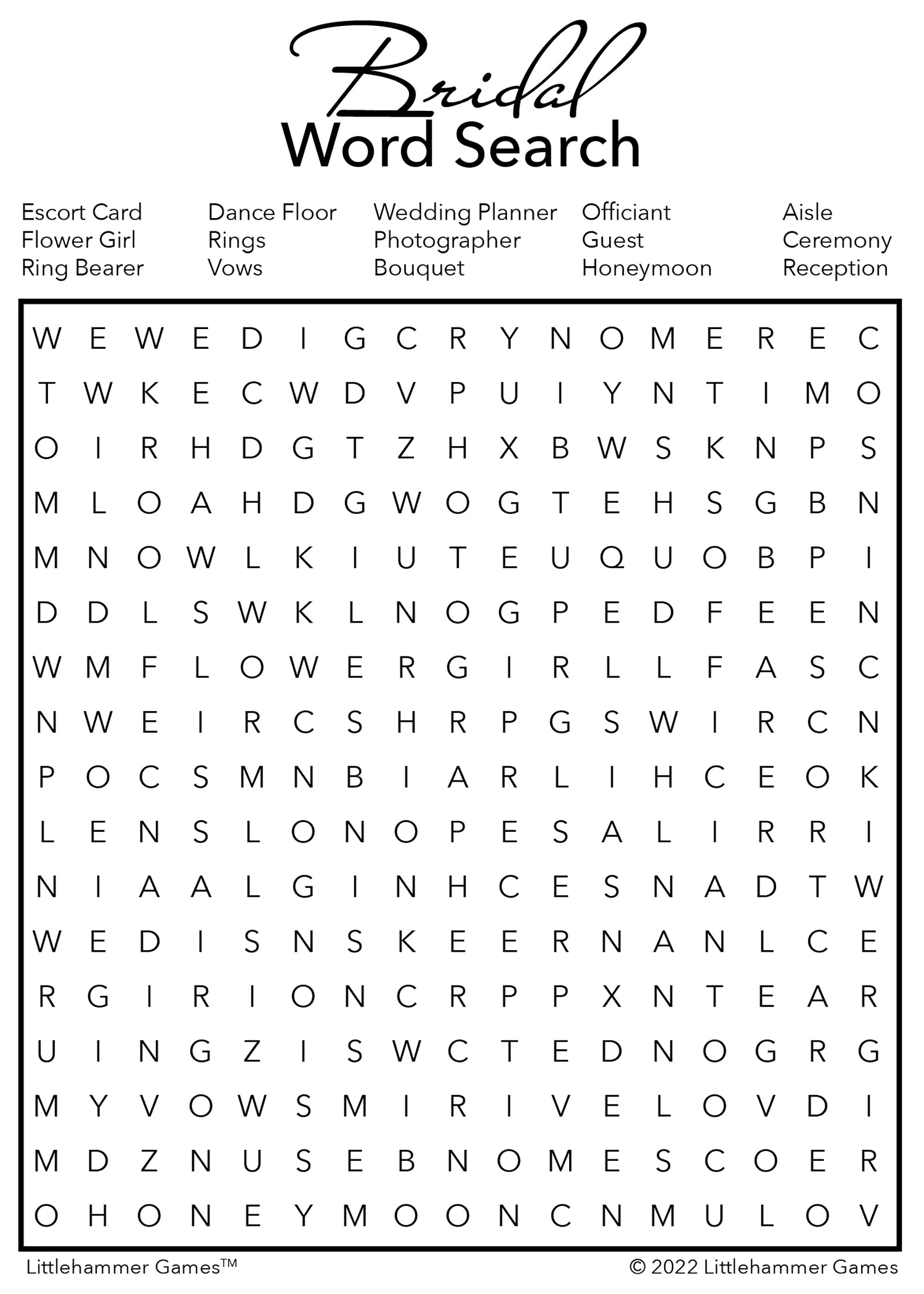 Bridal Word Search - Black and White Printable Game Cards – Littlehammer Games bridal-word-search-black-and-white-printable-game-cards-littlehammer-games