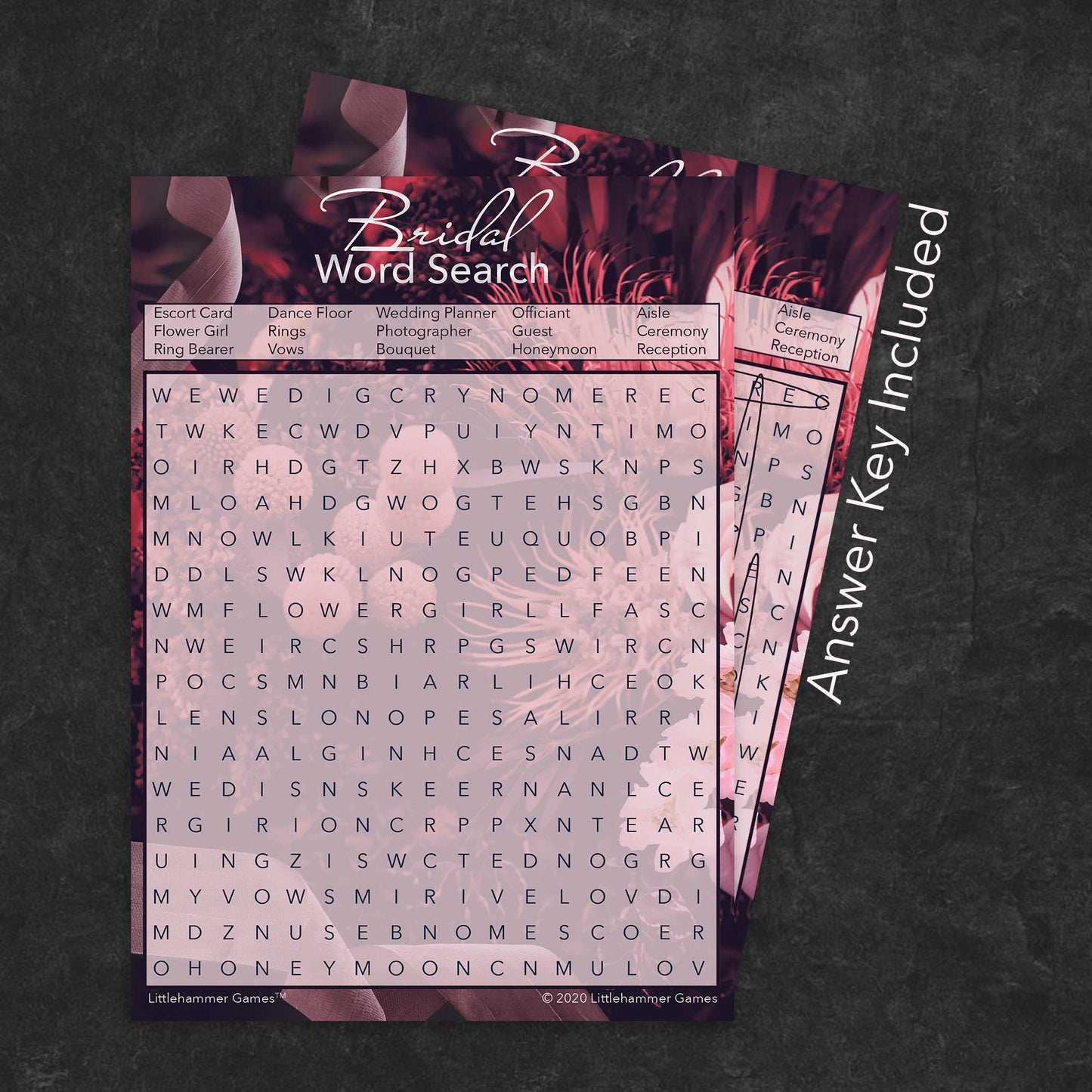 Bridal Word Search game card with a dark floral background with answer card tucked behind it on a slate background with white text that says "Answer Key Included"