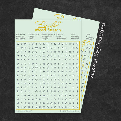 Bridal Word Search game card with a mint and gold background with answer card tucked behind it on a slate background with white text that says "Answer Key Included"