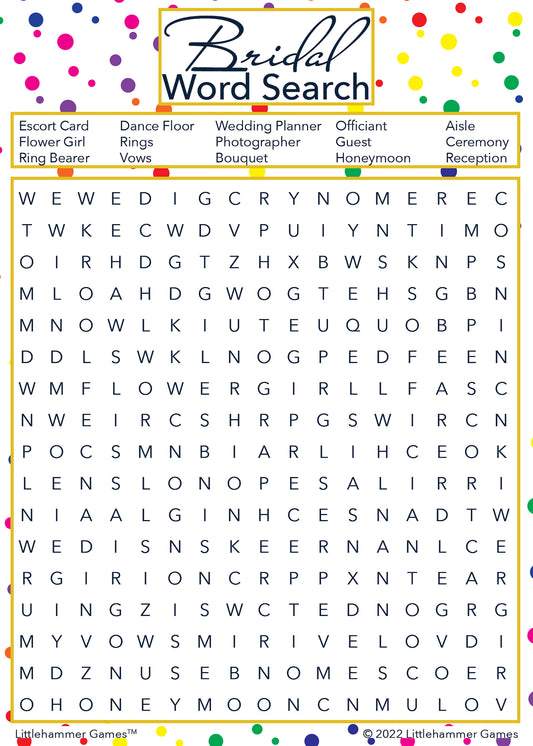 Bridal Word Search game card with a rainbow polka dot background