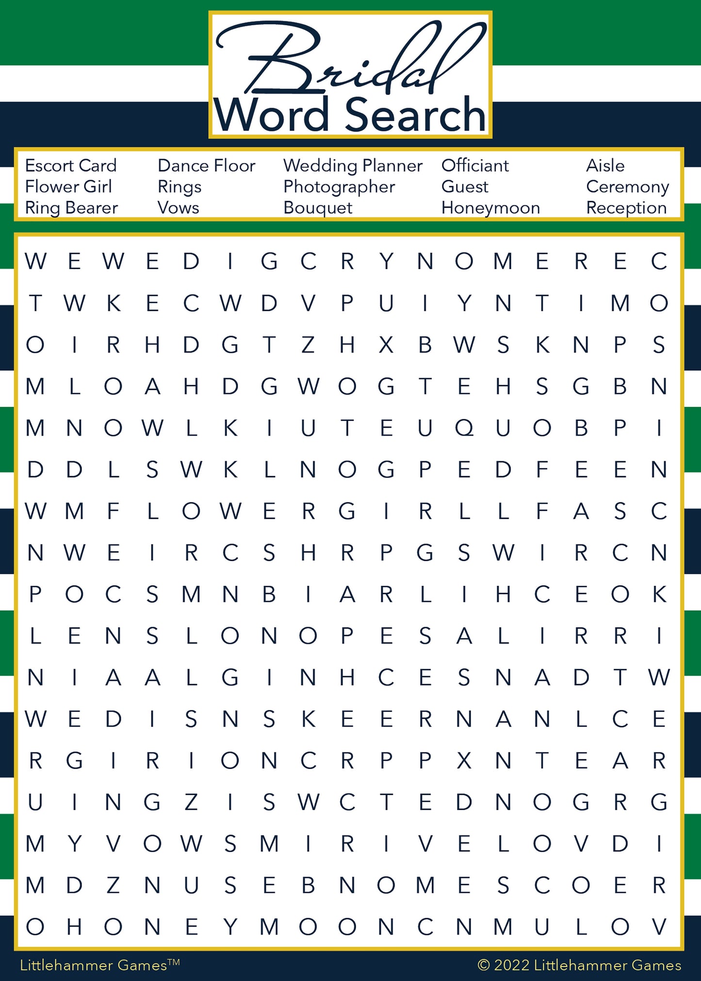 Bridal Word Search game card with a green and navy-striped background
