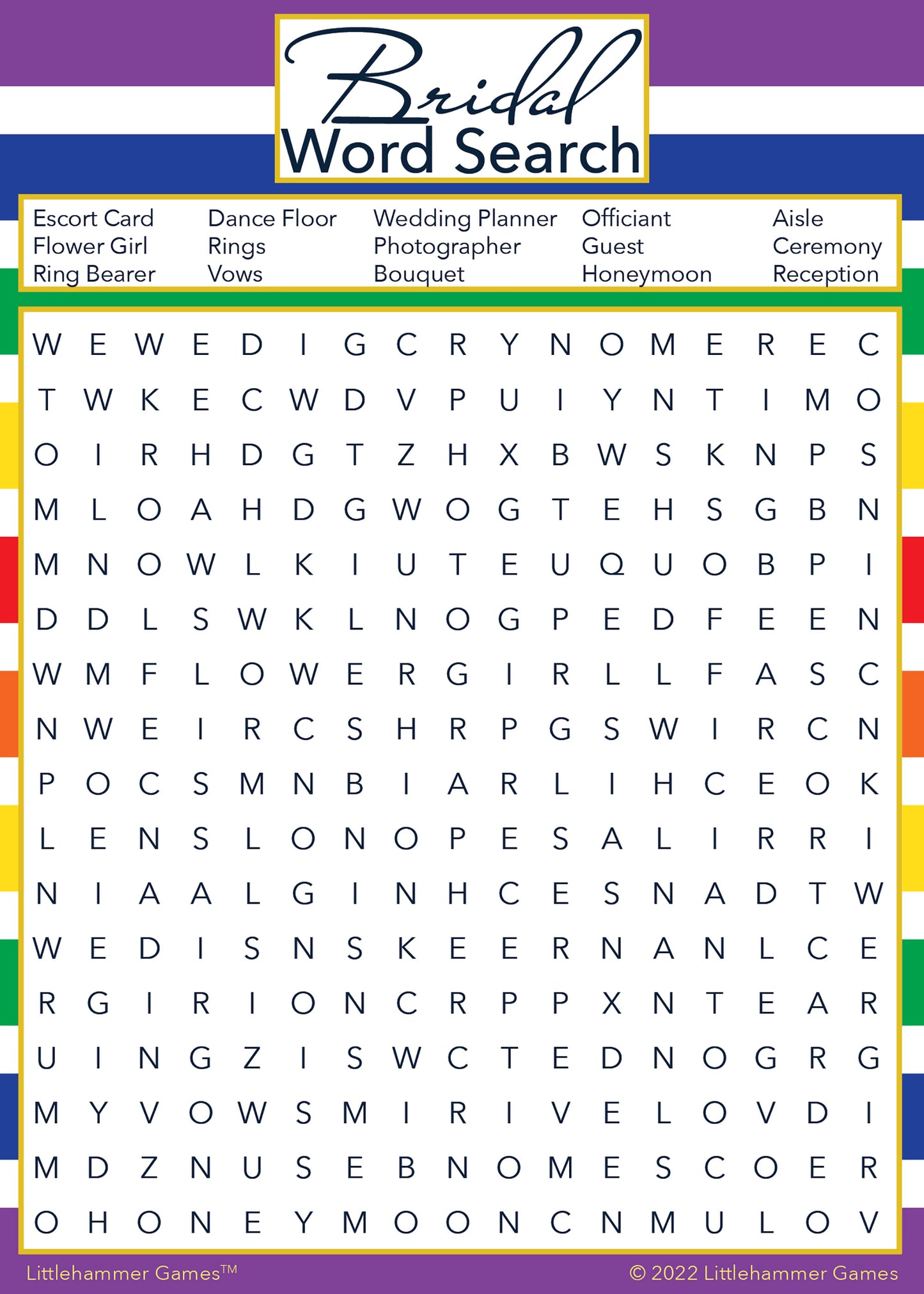 Bridal Word Search game card with a rainbow-striped background