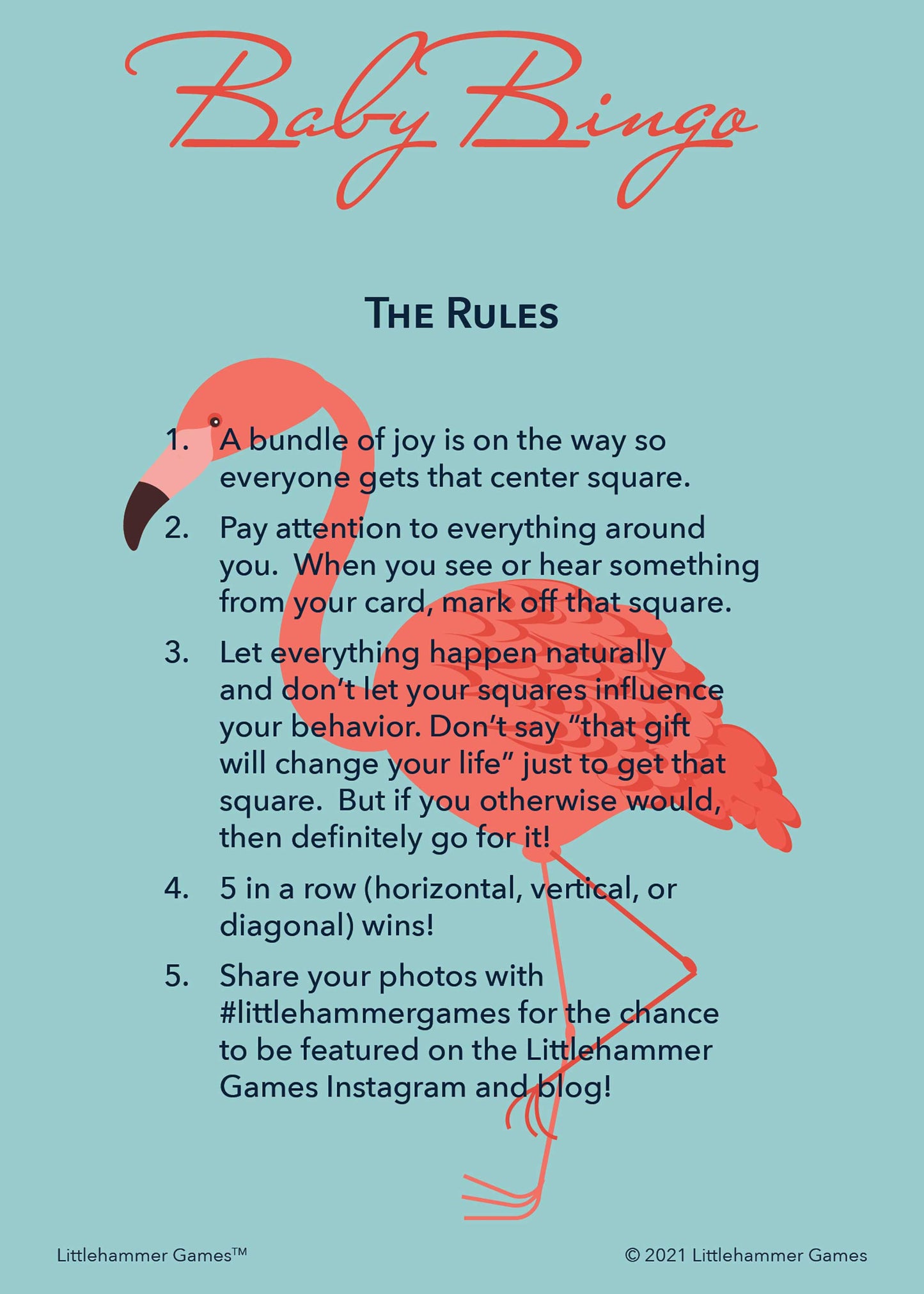 Baby Bingo rules card with a flamingo background