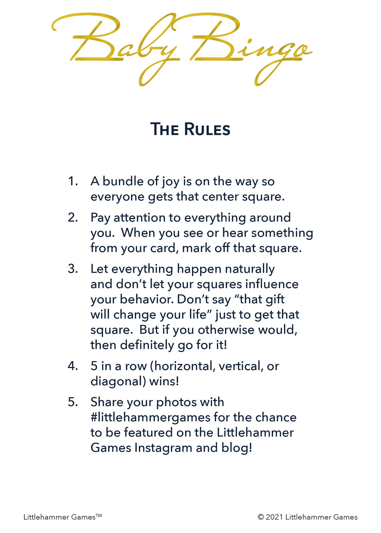 Baby Bingo rules card with gold text on a white background