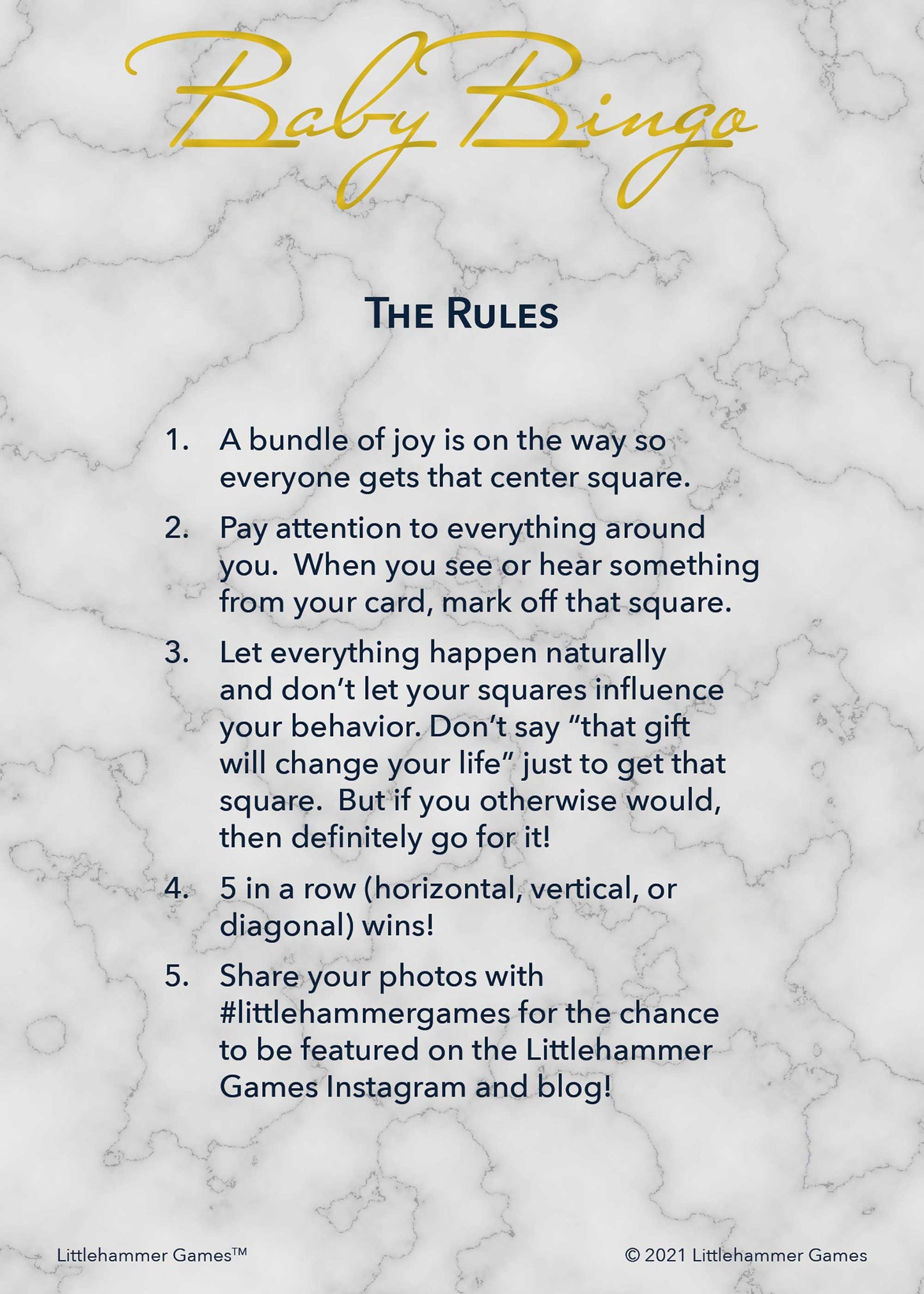 Baby Bingo rules card with gold text on a marble background
