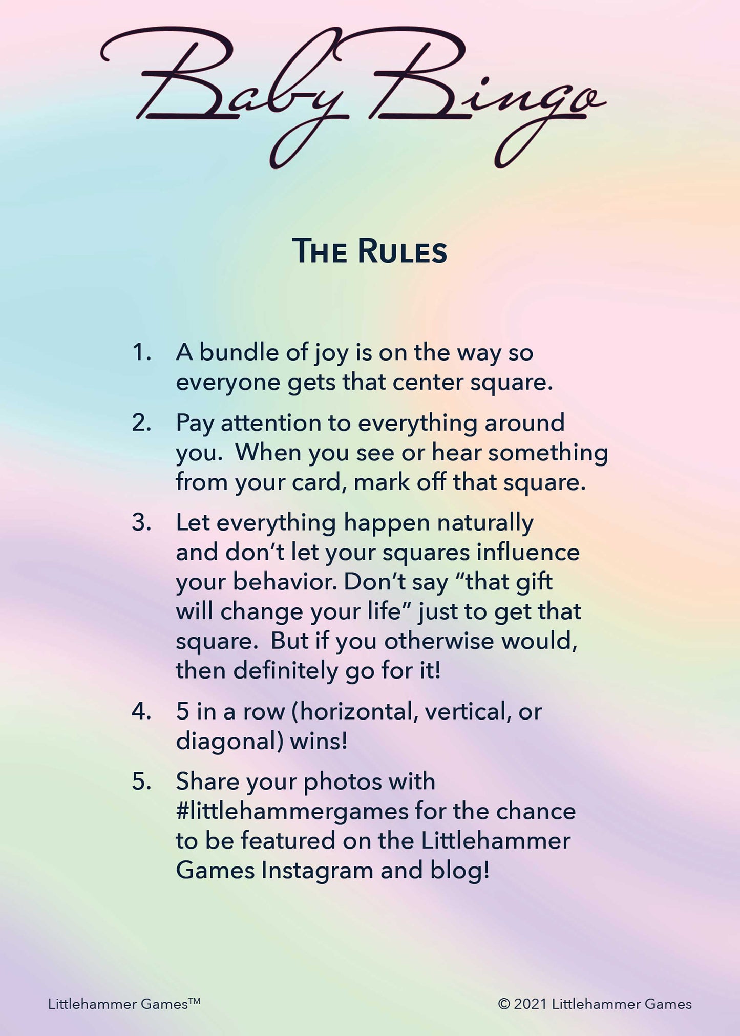 Baby Bingo rules card with an iridescent background