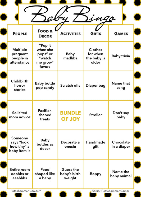 Baby Bingo game card on a black and gold polka dot background