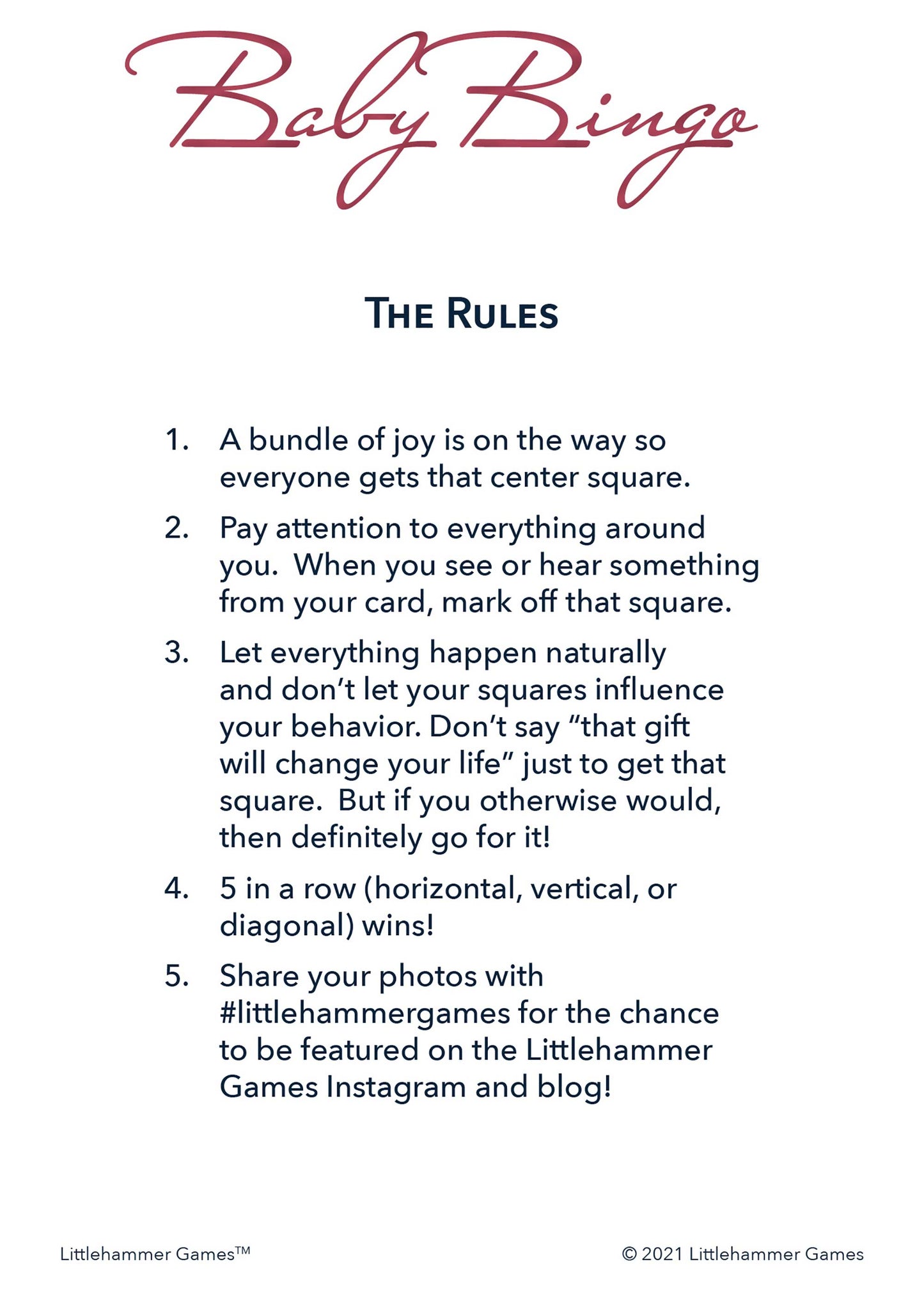 Baby Bingo rules card with rose gold text on a white background