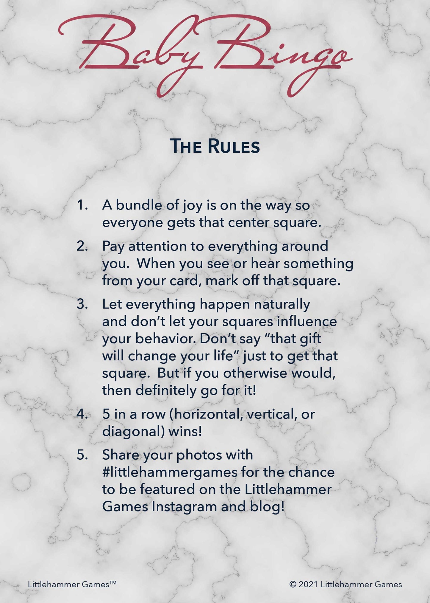 Baby Bingo rules card with rose gold text on a marble background