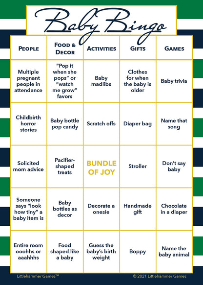 Baby Bingo game card on a green and navy-striped background