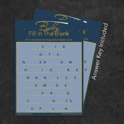 Baby Fill in the Blank game card with a celestial background with answer card tucked behind it on a slate background with white text that says "Answer Key Included"