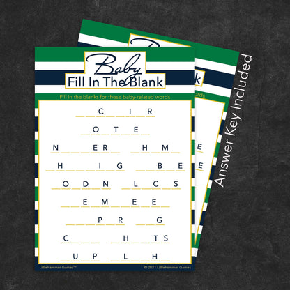 Baby Fill in the Blank game card with a green and navy-striped background with answer card tucked behind it on a slate background with white text that says "Answer Key Included"