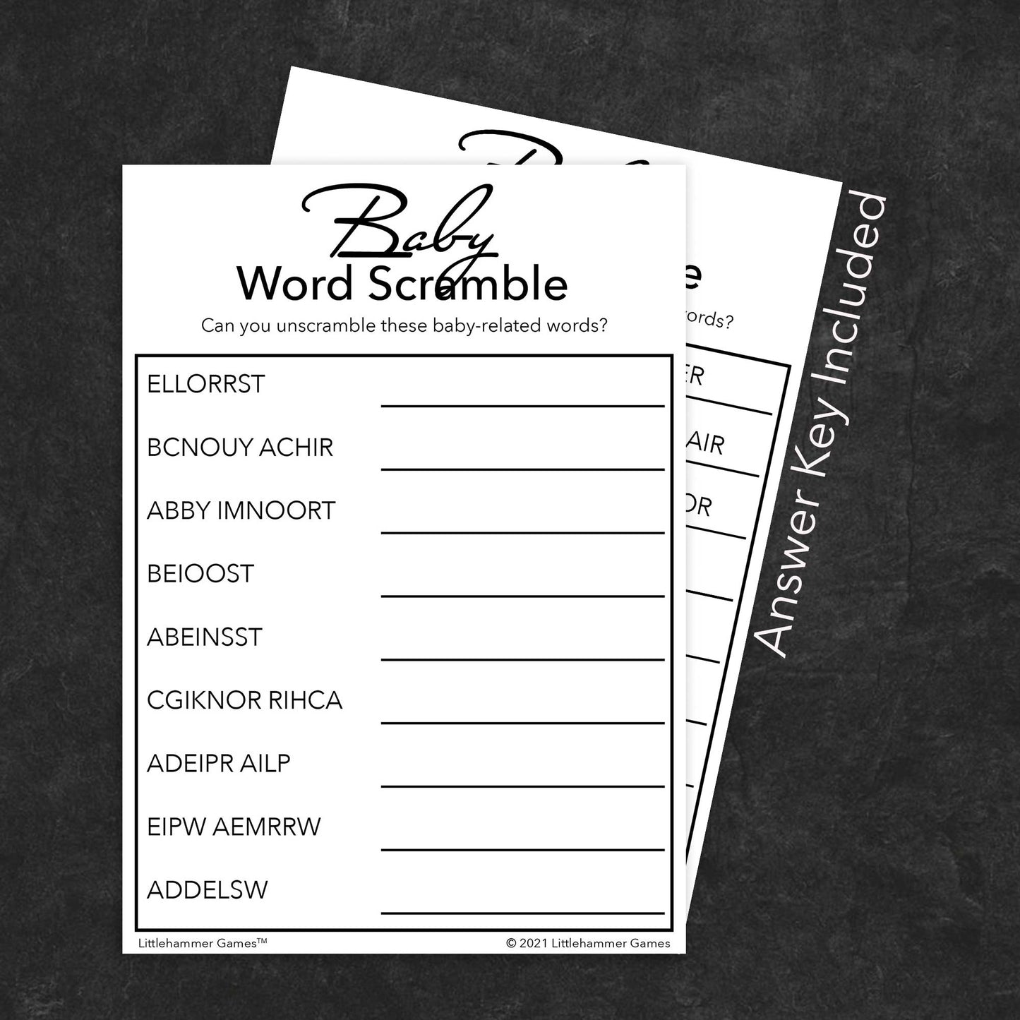 Baby Word Scramble game card with black text on a white background with answer card tucked behind it on a slate background with white text that says "Answer Key Included"