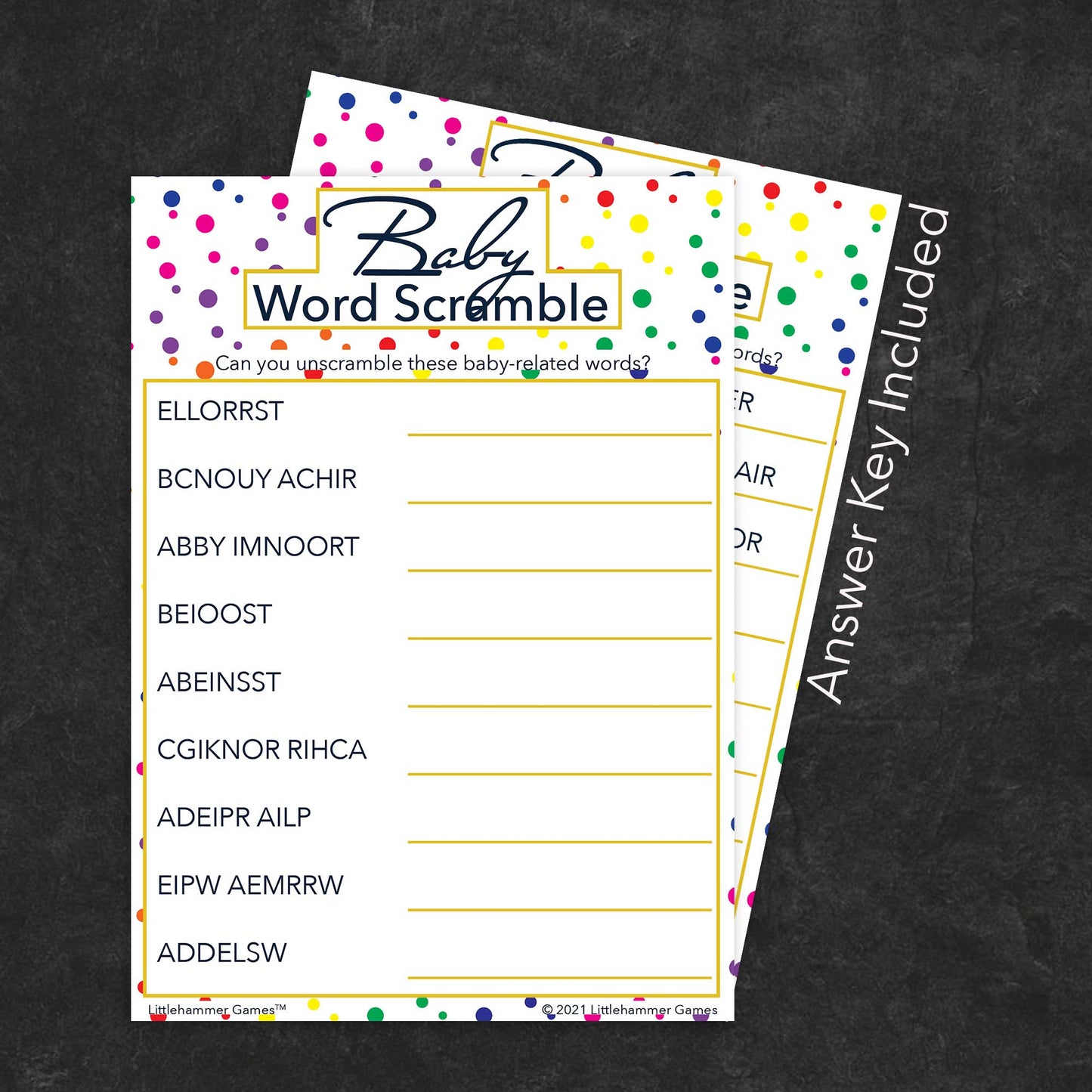 Baby Word Scramble game card with a rainbow polka dot background with answer card tucked behind it on a slate background with white text that says "Answer Key Included"