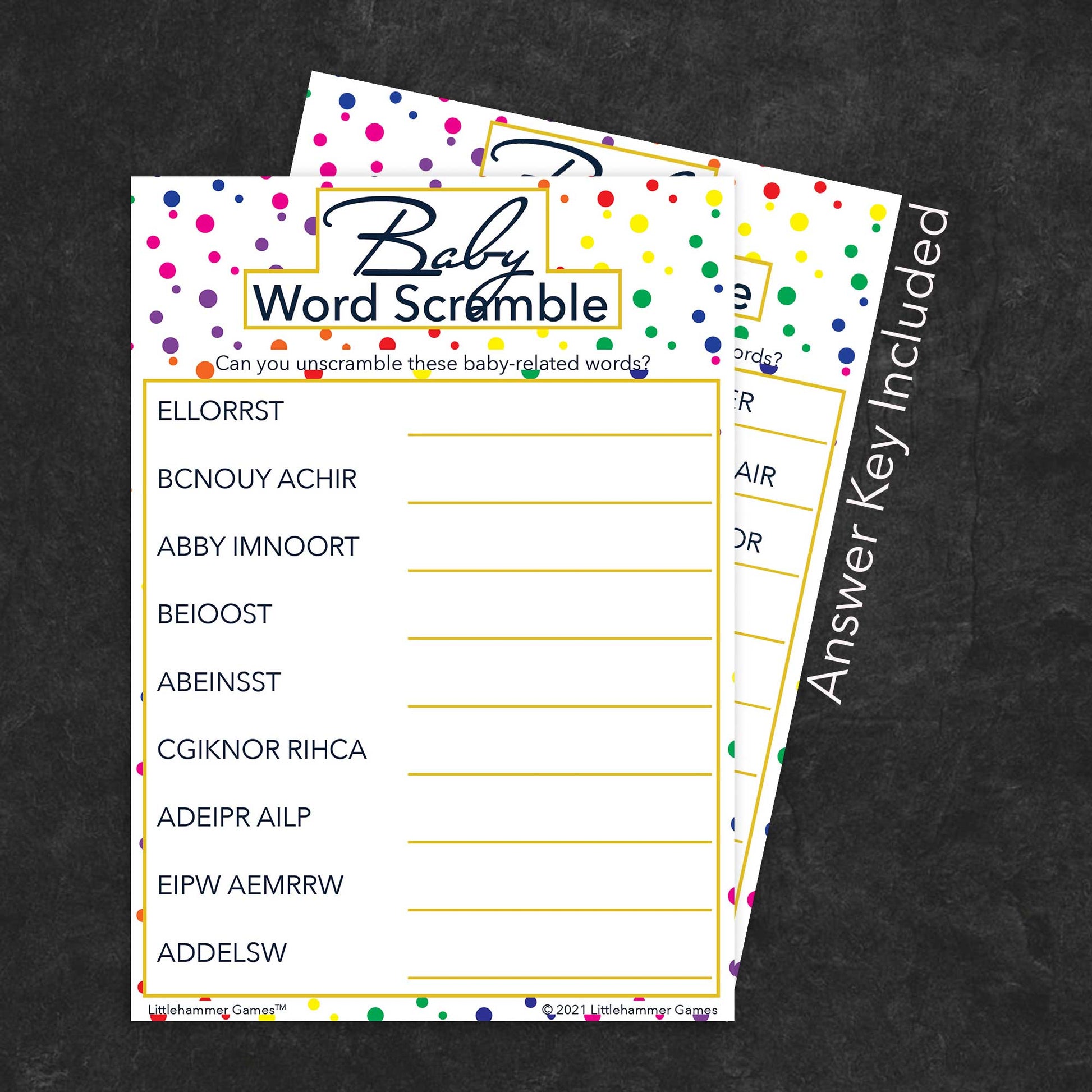 Baby Word Scramble game card with a rainbow polka dot background with answer card tucked behind it on a slate background with white text that says "Answer Key Included"