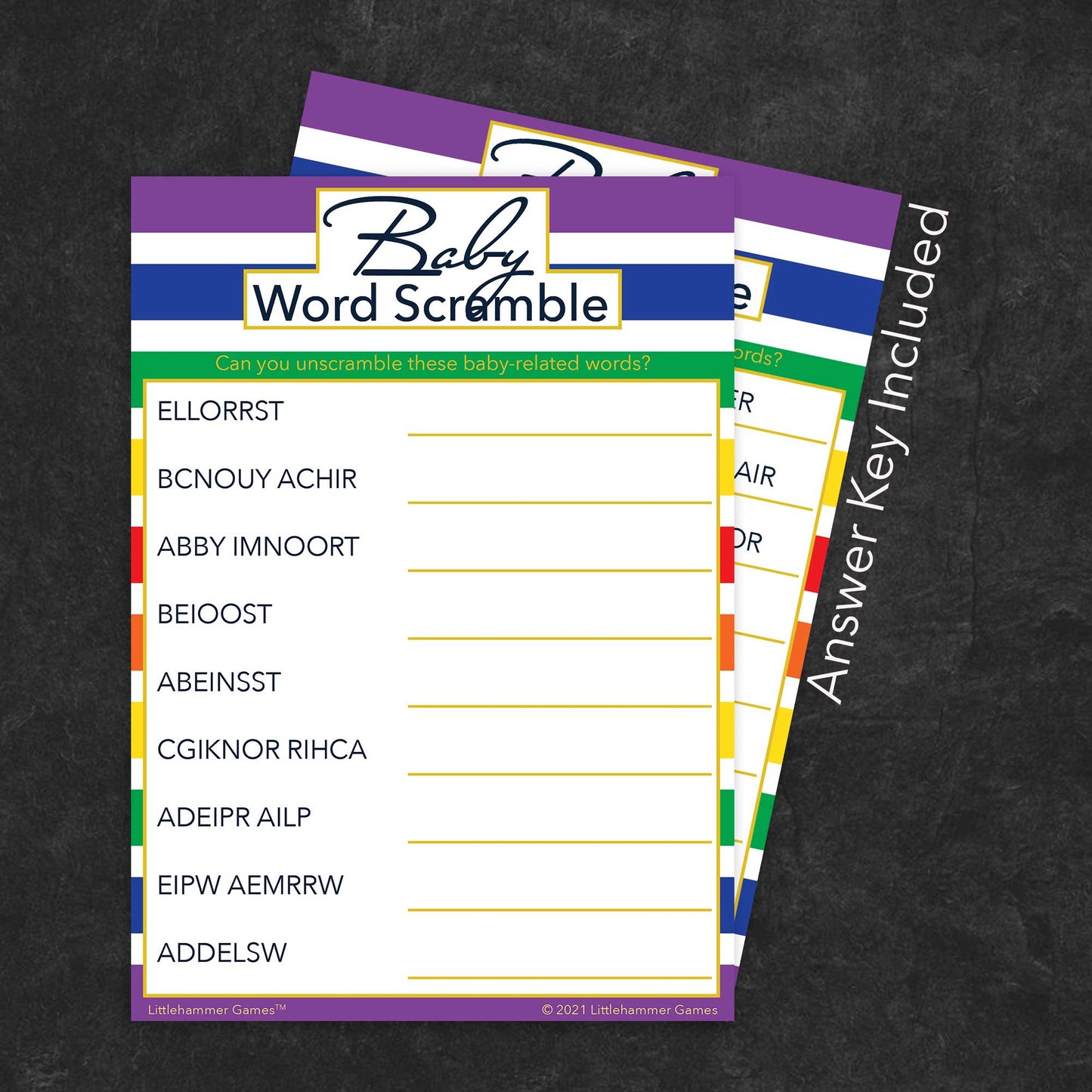 Baby Word Scramble game card with a rainbow-striped background with answer card tucked behind it on a slate background with white text that says "Answer Key Included"