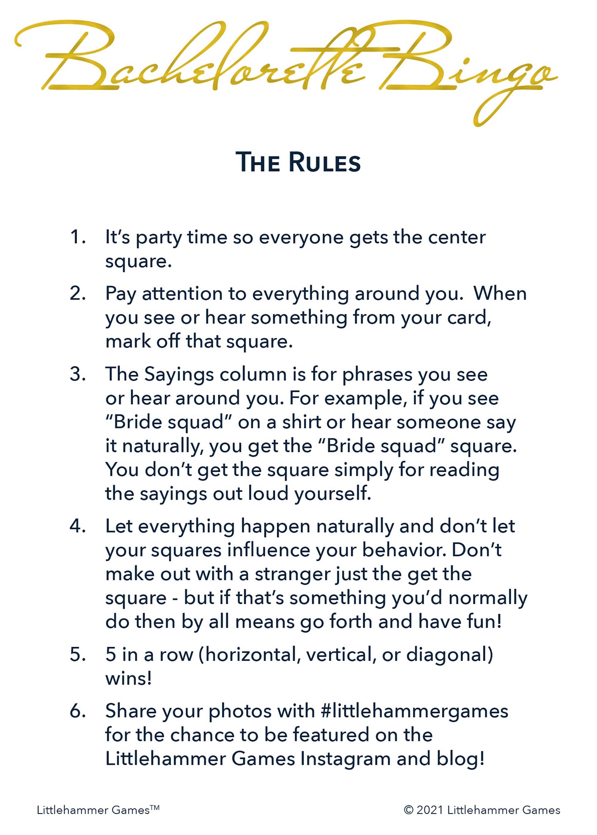 Bachelorette Bingo rules card with gold text on a white background