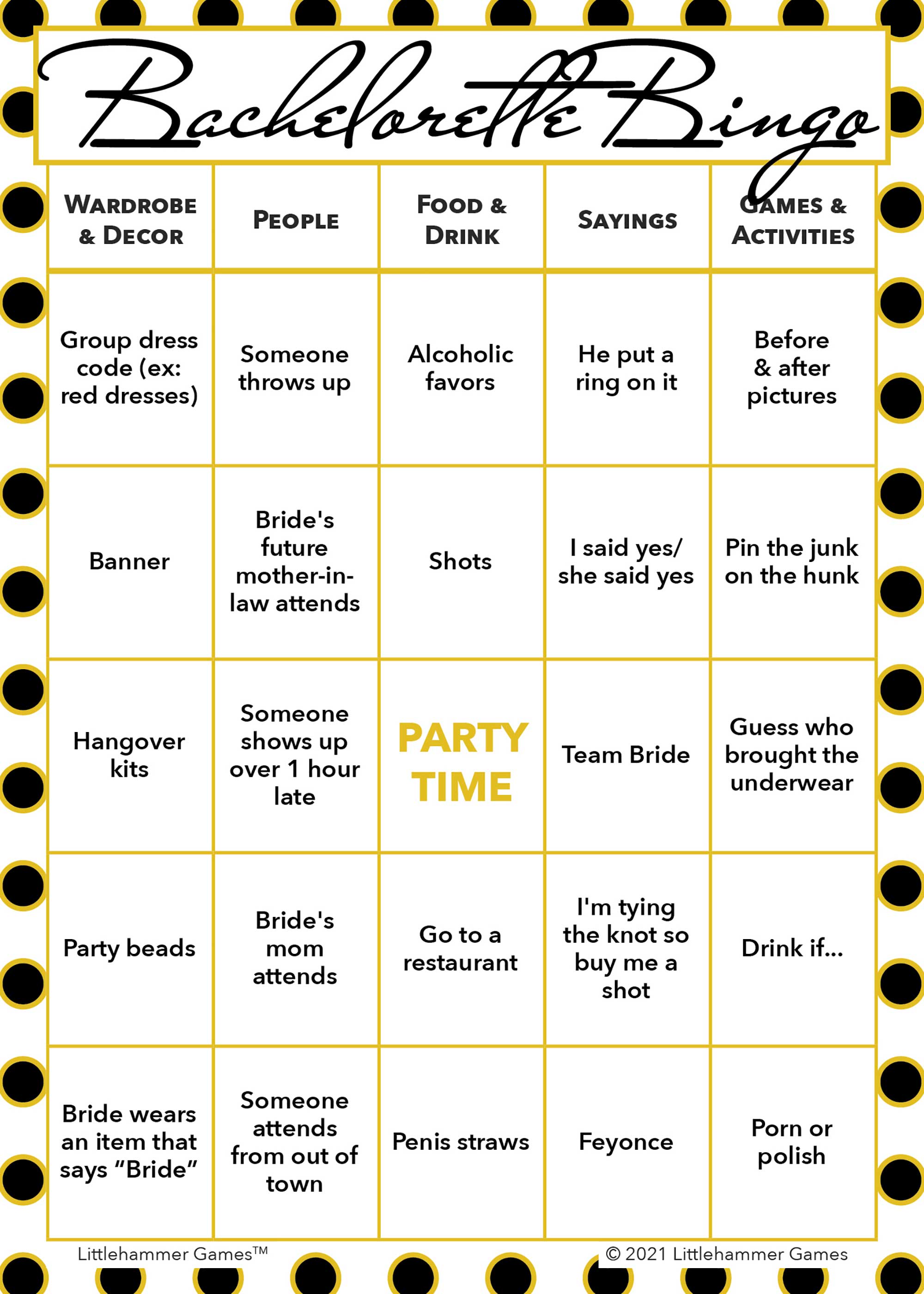bachelorette-bingo-black-and-gold-polka-dot-printable-game-cards-littlehammer-games for Downloadable Free Printable Bachelorette Party Games Bachelorette Bingo - Black and Gold Polka Dot Printable Game Cards – Littlehammer Games for Downloadable Free Printable Bachelorette Party Games