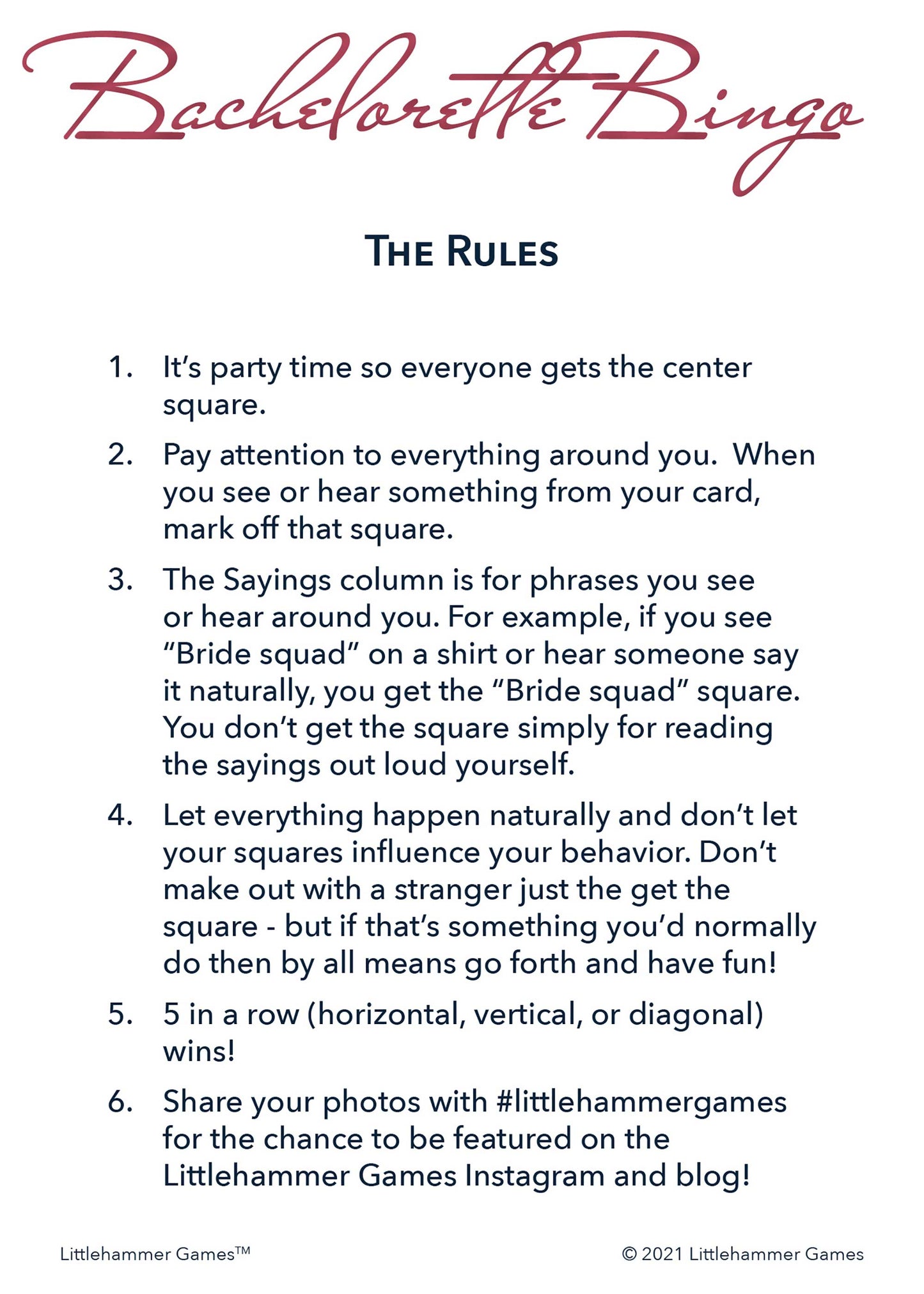 Bachelorette Bingo rules card with rose gold text on a white background