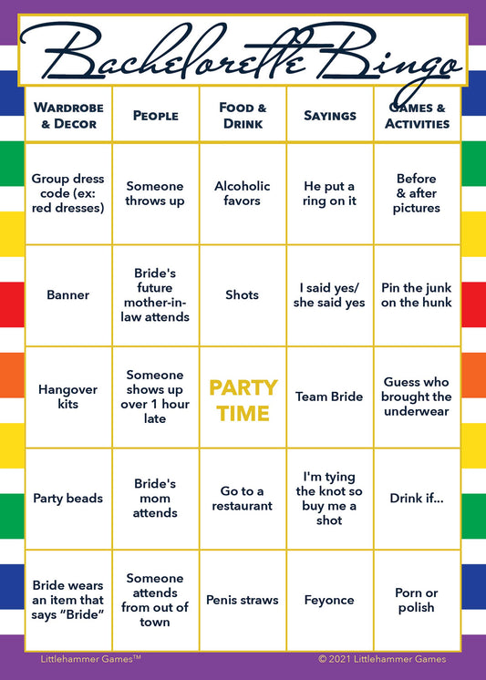 Bachelorette Bingo game card with a rainbow striped background