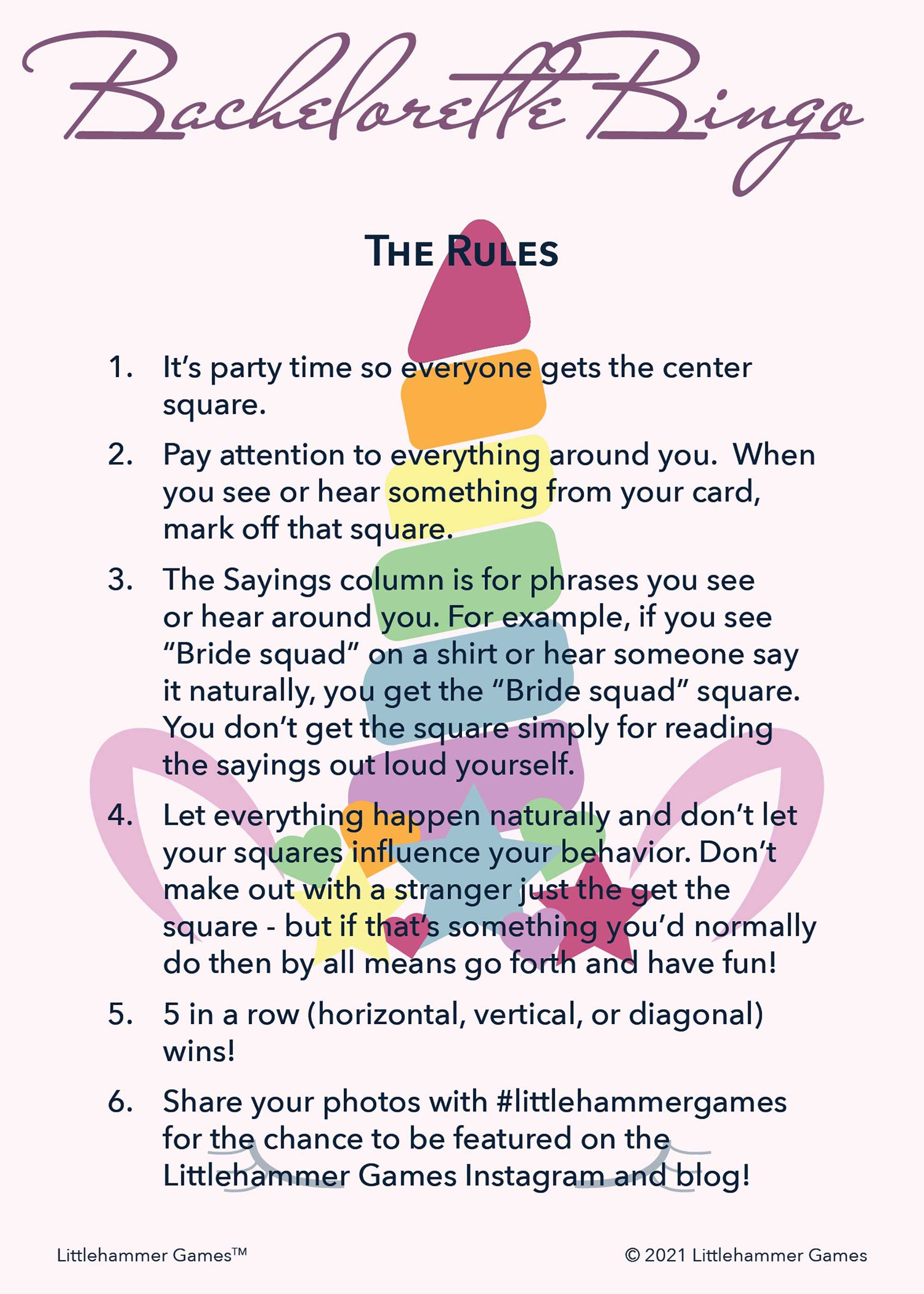 Bachelorette Bingo rules card with a unicorn-themed background