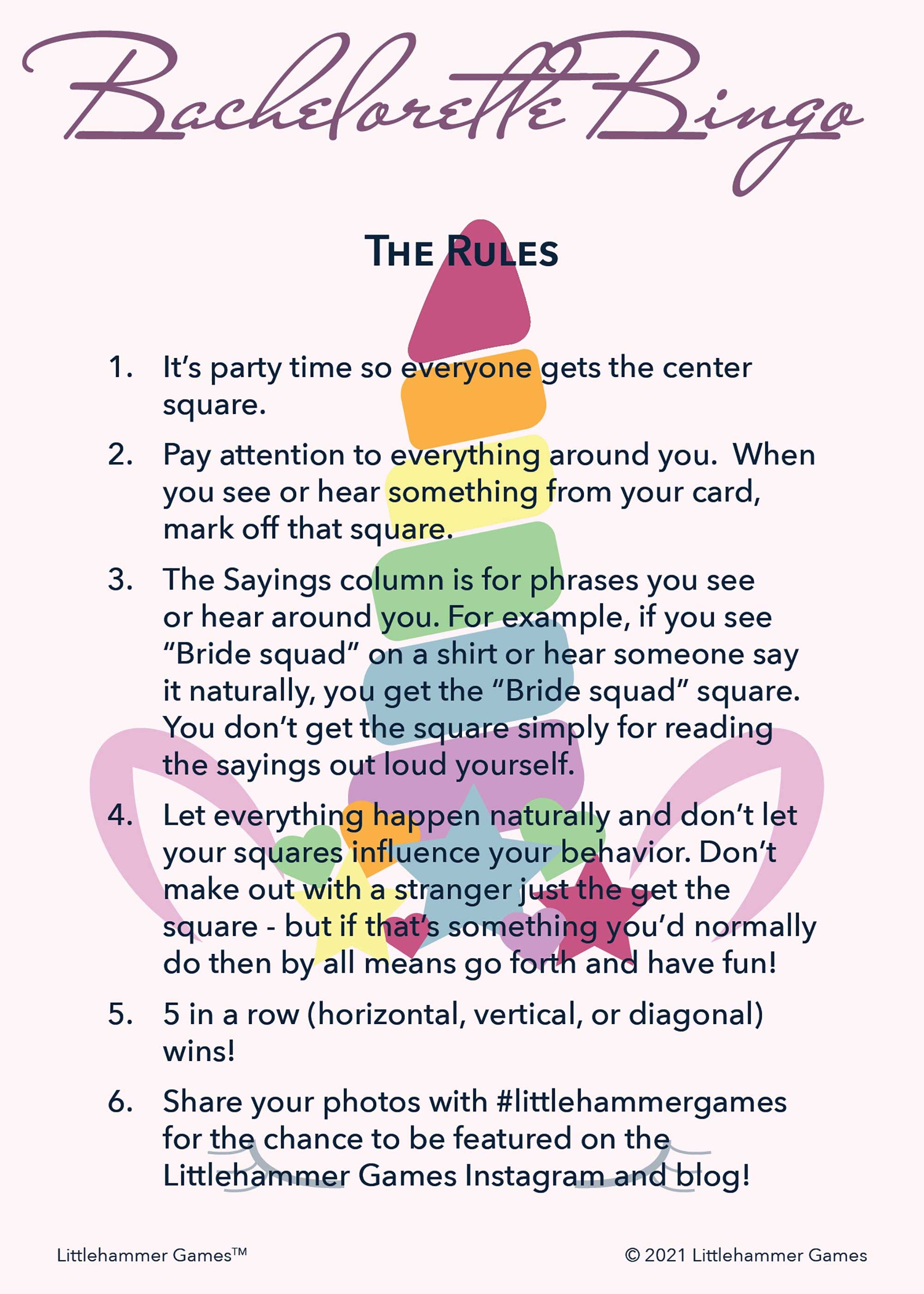 Bachelorette Bingo rules card with a unicorn-themed background
