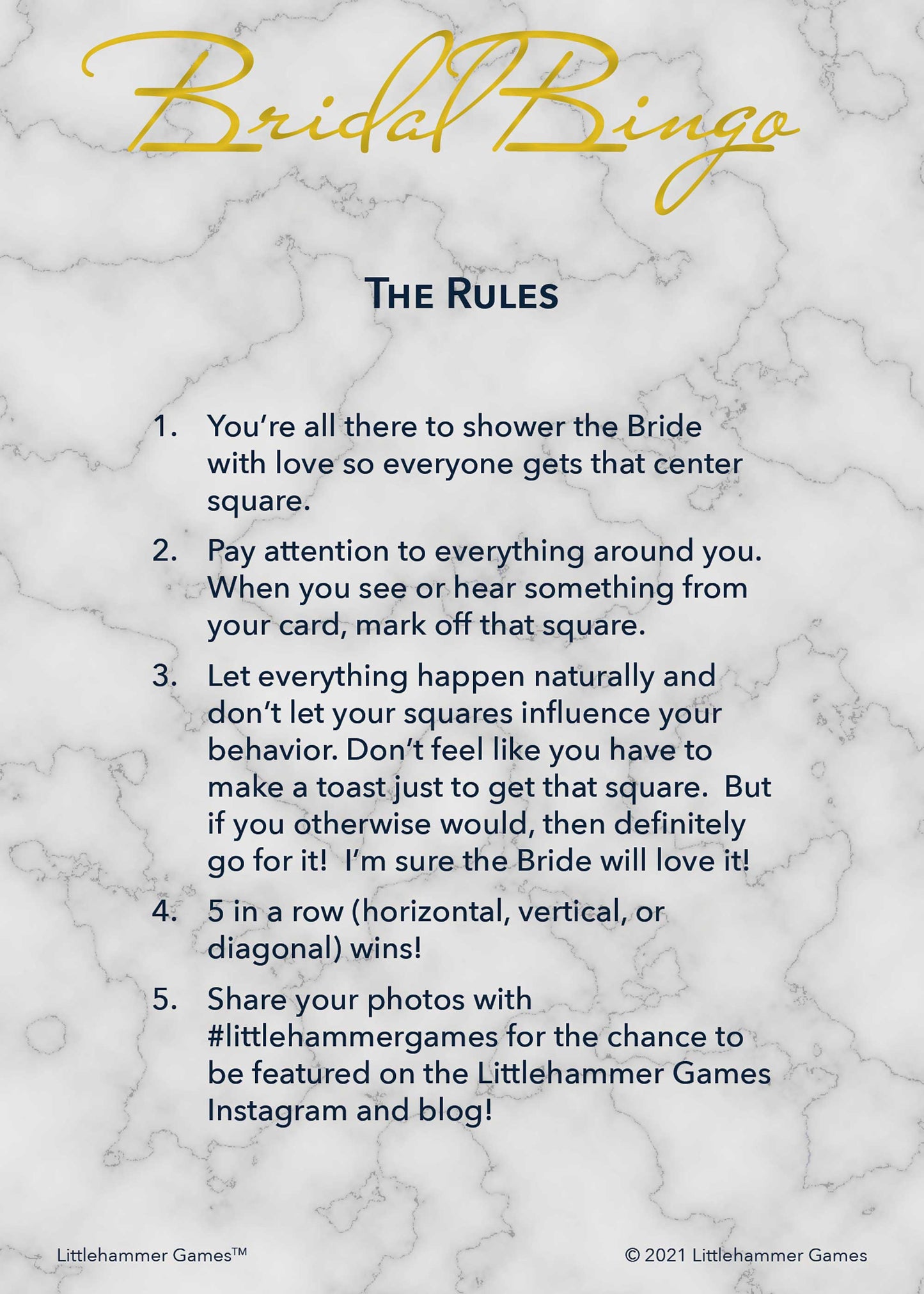 Bridal Bingo rules card with gold text on a marble background