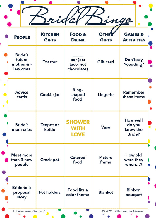 Bridal Bingo game card with a rainbow polka dot background