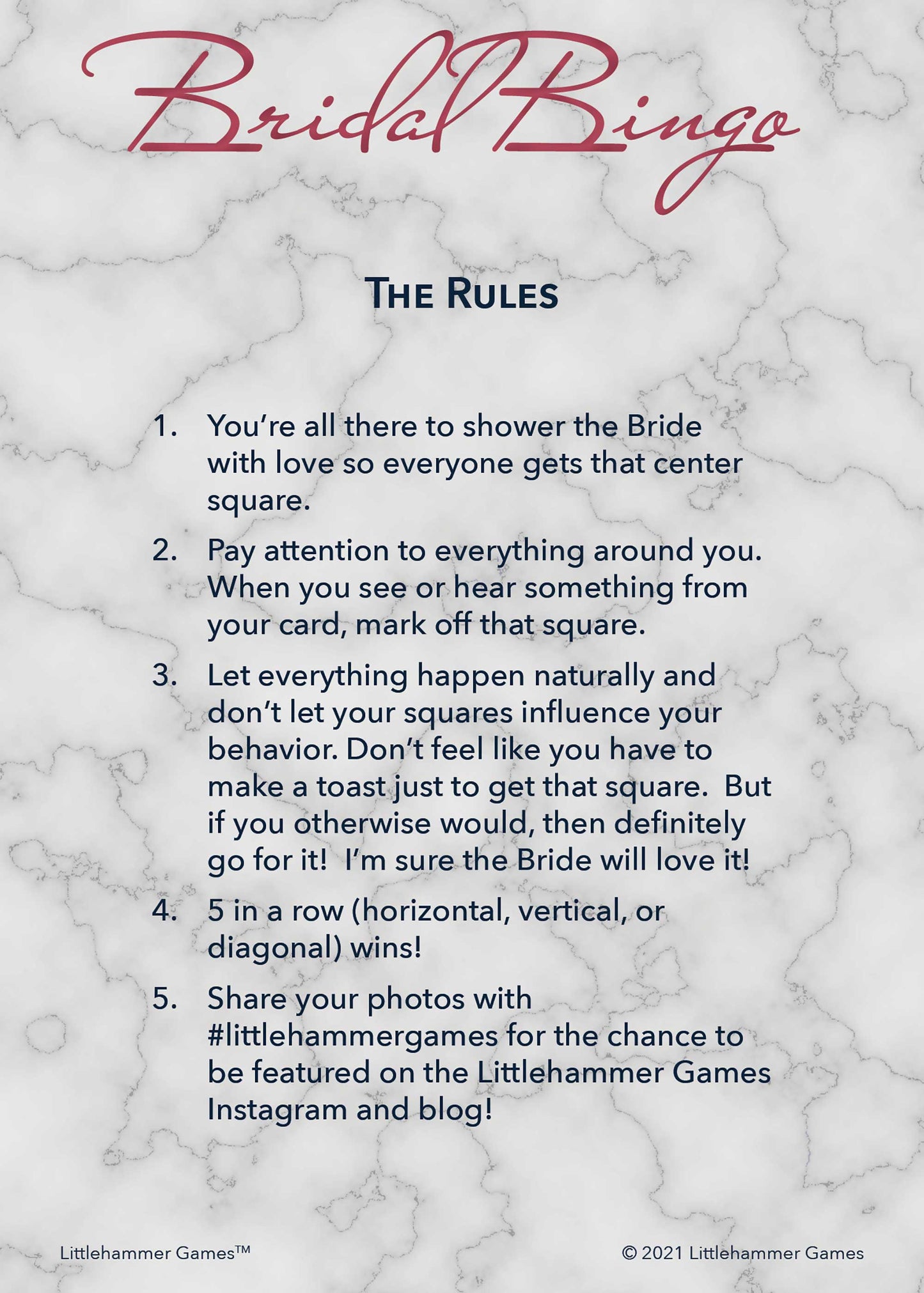 Bridal Bingo rules card with rose gold text on a marble background