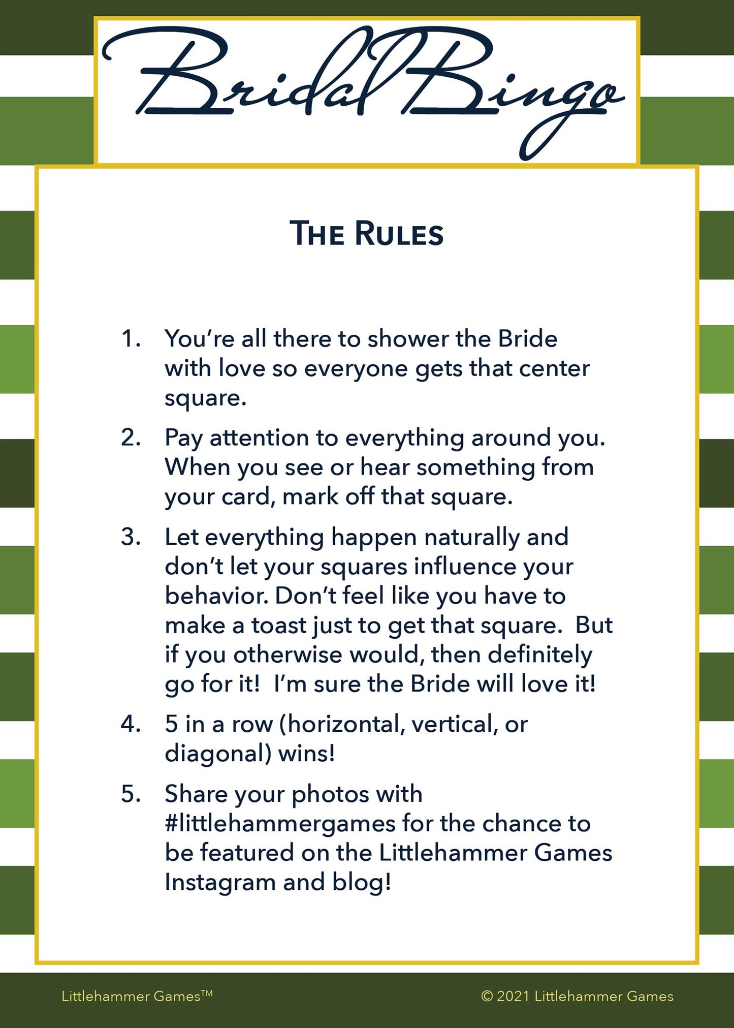 Bridal Bingo rules card on a green-striped background