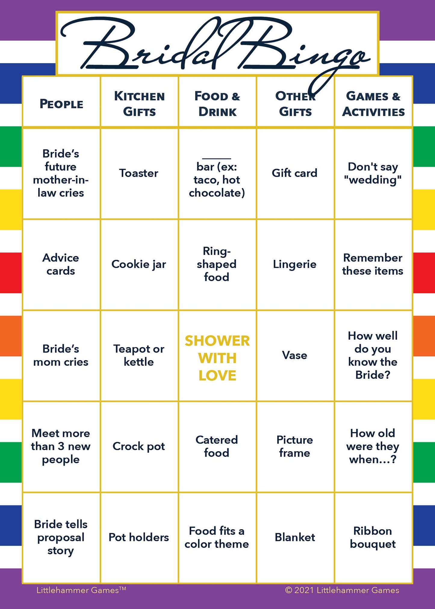 Bridal Bingo game card with a rainbow-striped background