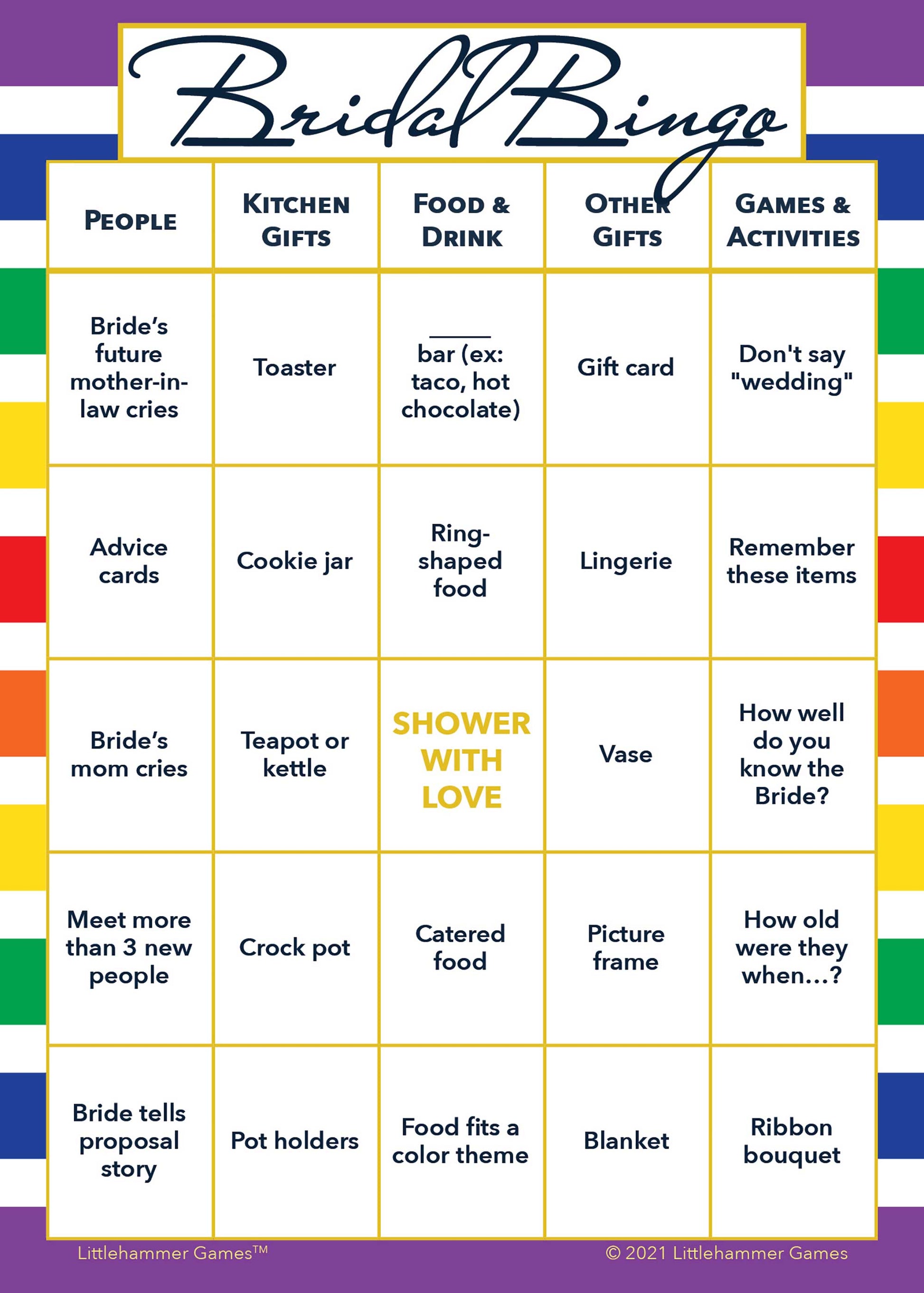 Bridal Bingo game card with a rainbow-striped background