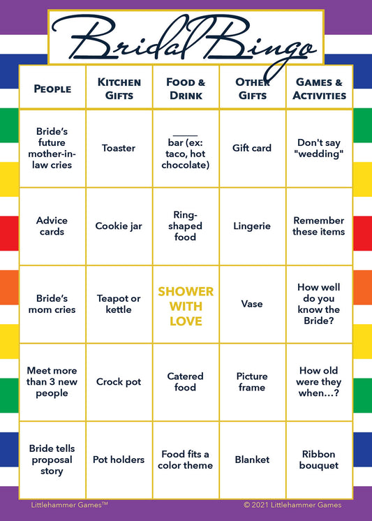 Bridal Bingo game card with a rainbow-striped background
