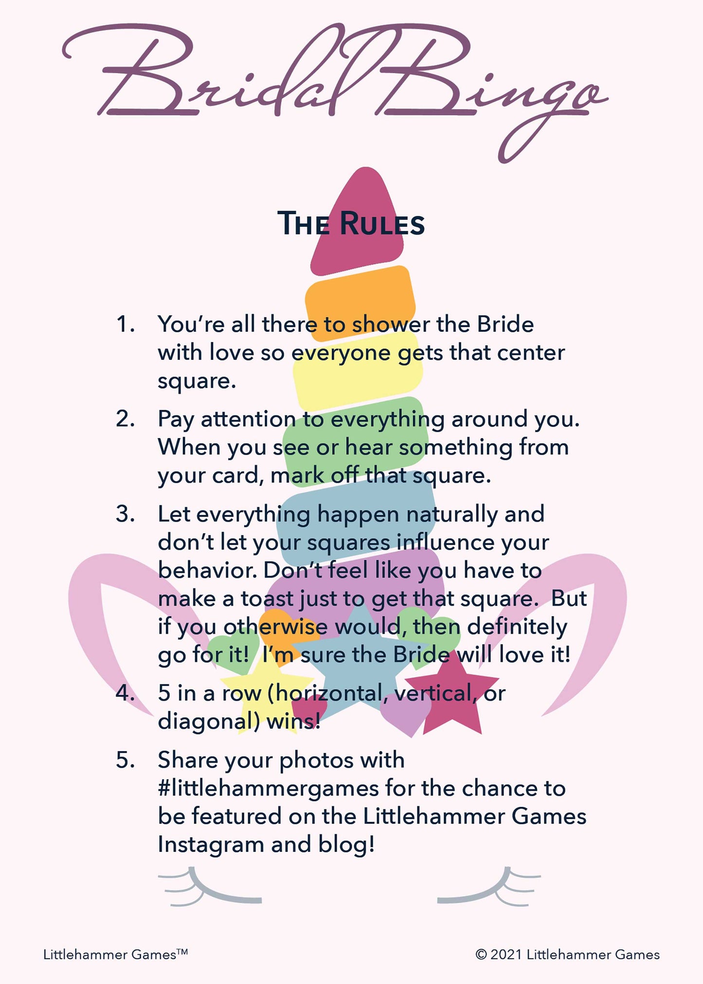 Bridal Bingo rules card on a unicorn background