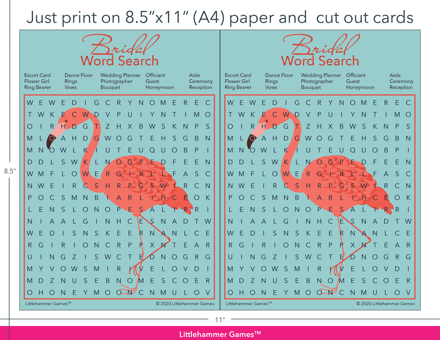 Bridal Word Search flamingo game cards with printing instructions