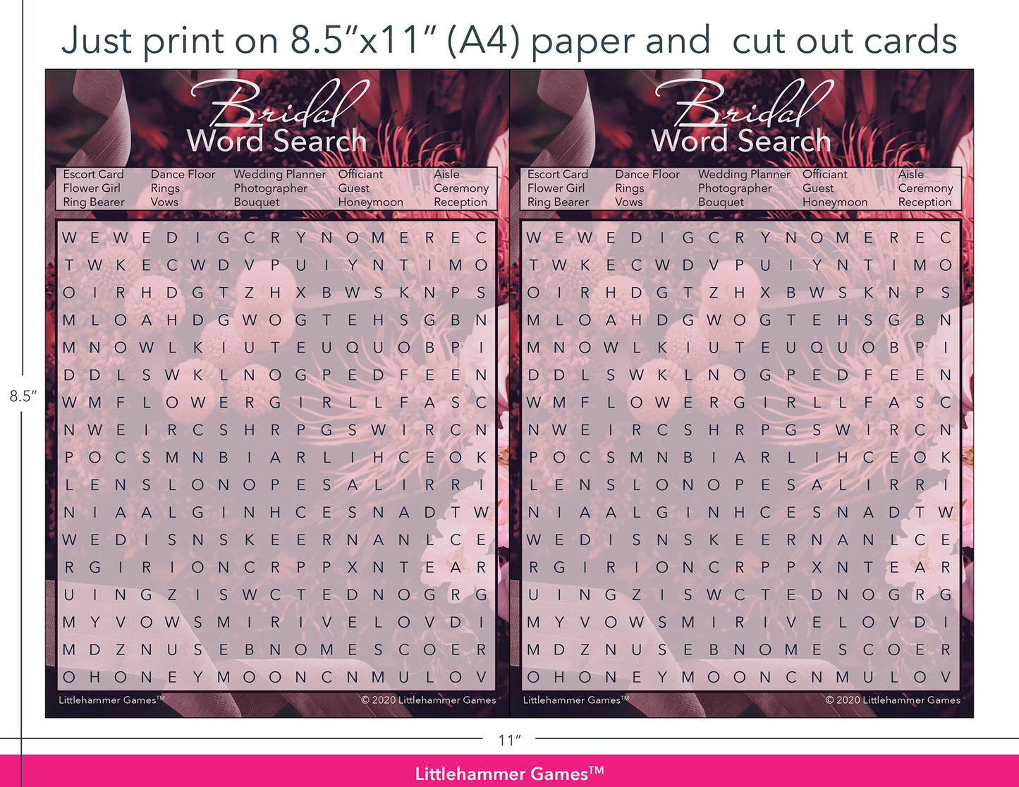 Bridal Word Search dark floral game cards with printing instructions