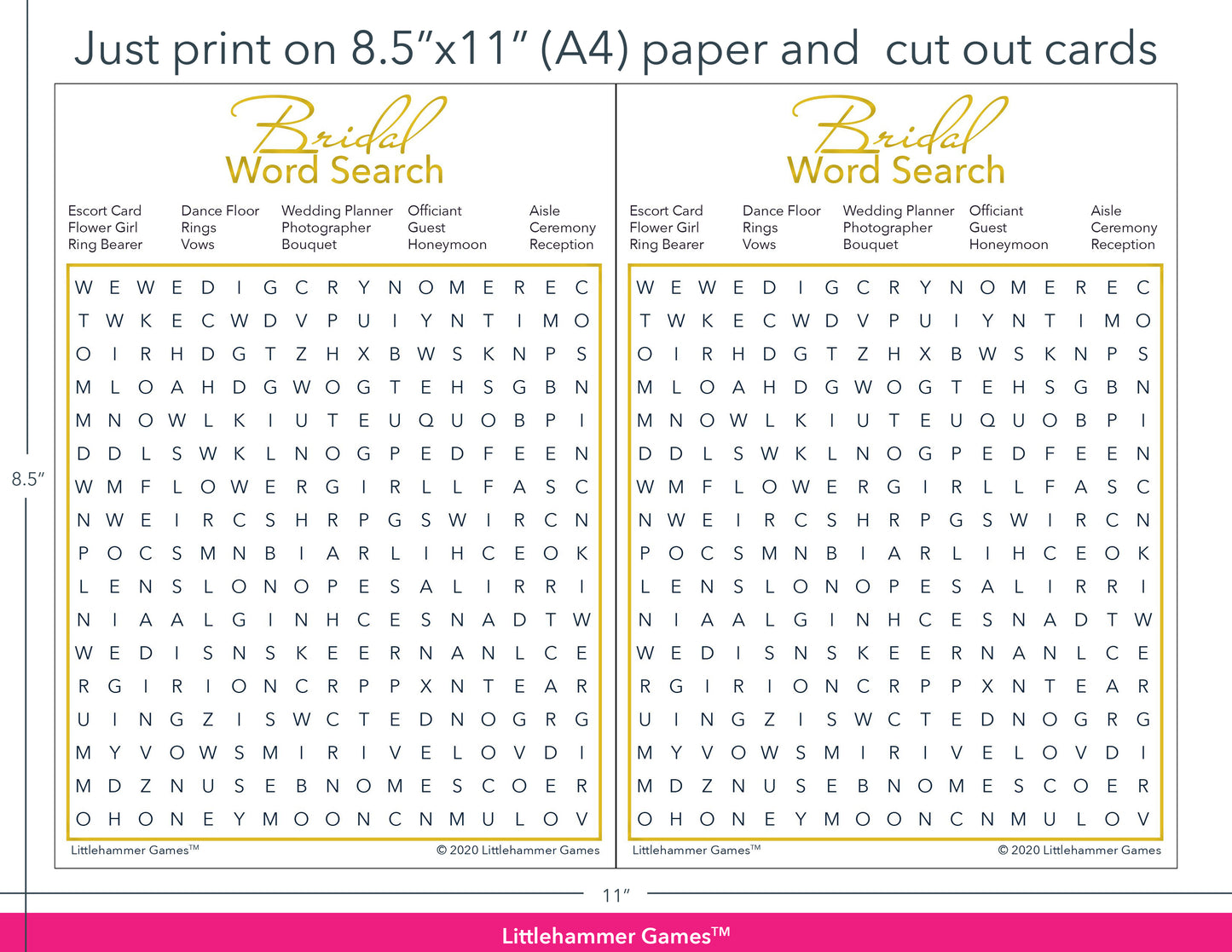 Bridal Word Search gold and white game cards with printing instructions