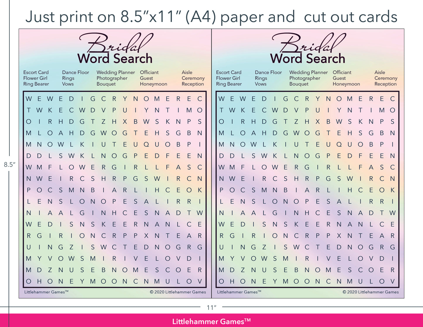 Bridal Word Search hologram-themed game cards with printing instructions