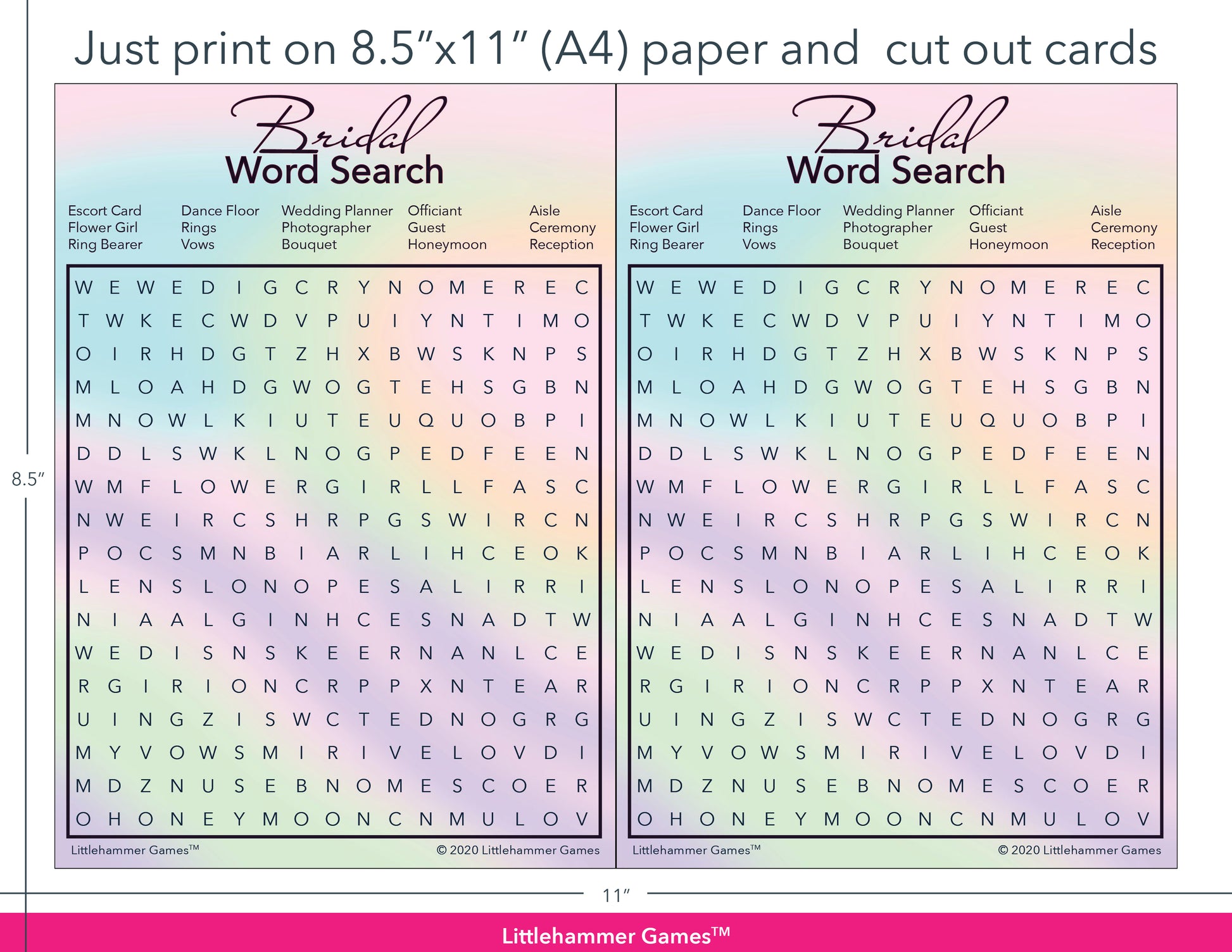 Bridal Word Search hologram-themed game cards with printing instructions