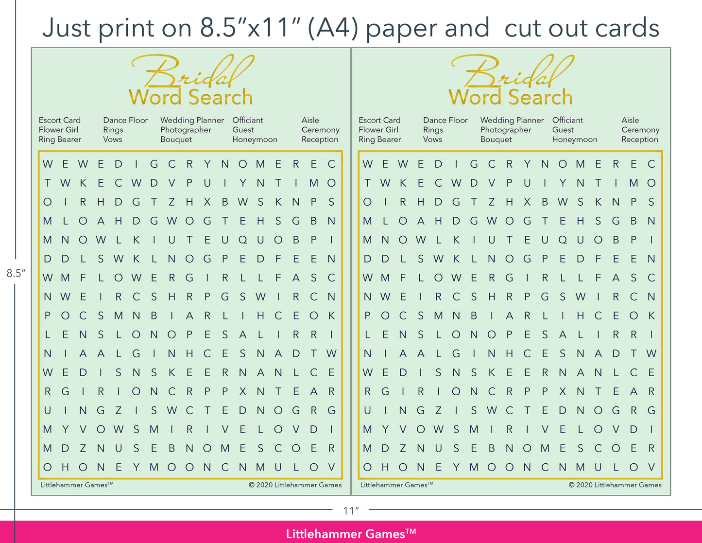 Bridal Word Search mint and gold game cards with printing instructions