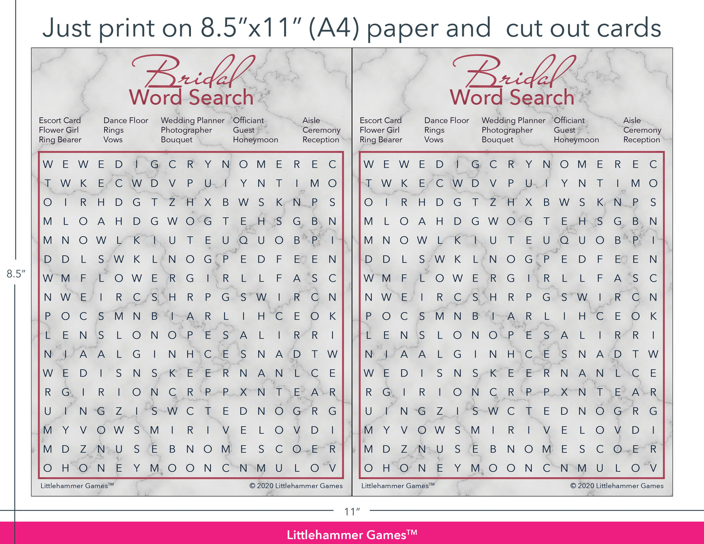 Bridal Word Search rose gold and marble game cards with printing instructions