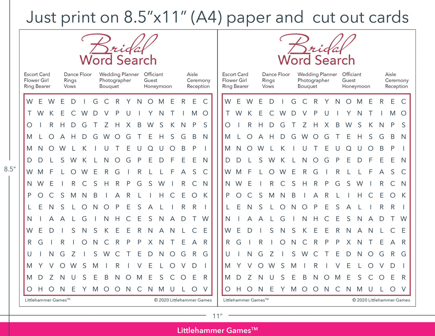 Bridal Word Search rose gold and white game cards with printing instructions
